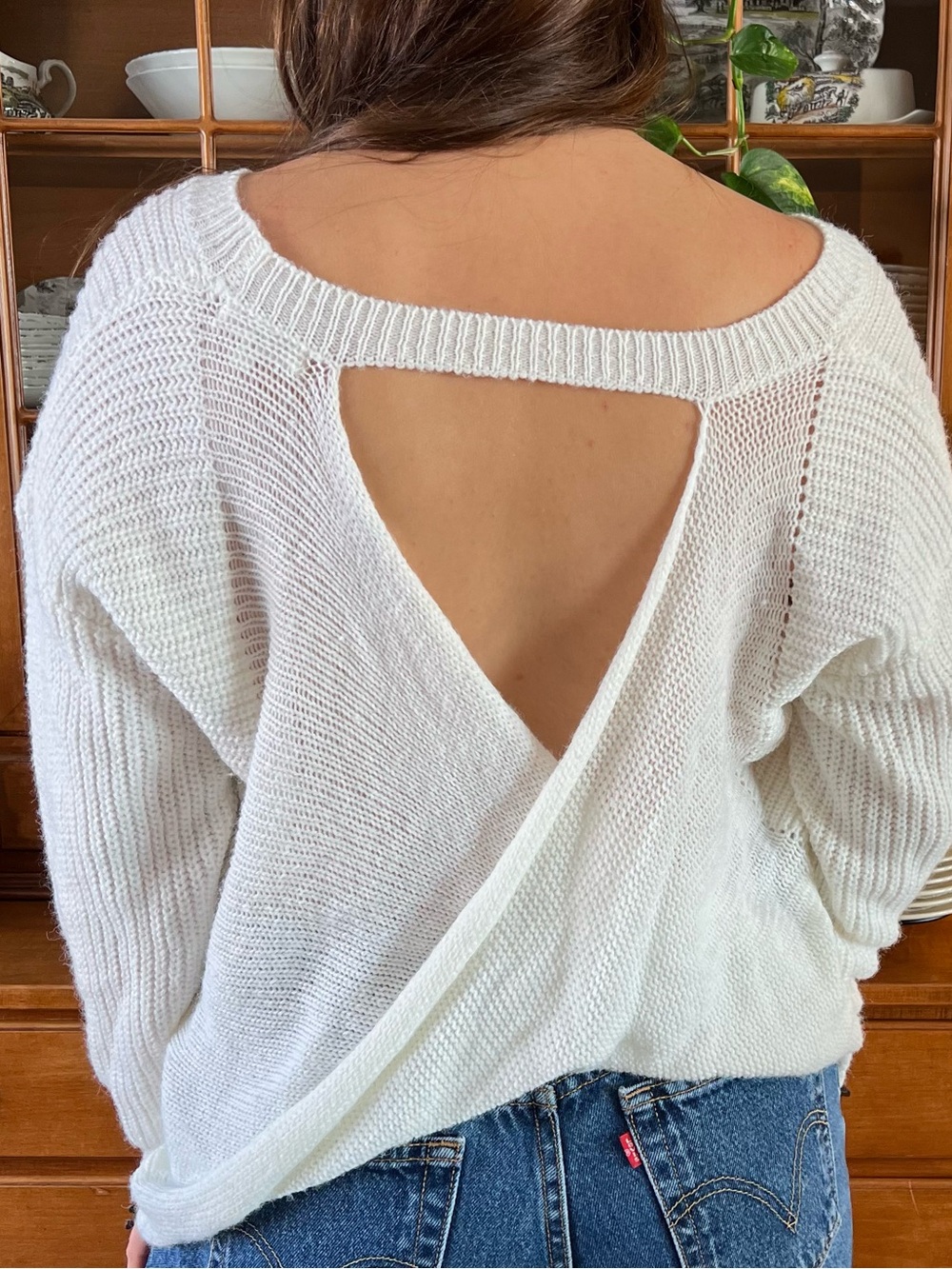 Miracle white Ribbed open back Scoop-Neck Pullover Sweater